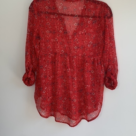 ROXY | Red Floral Sheer Long Sleeve Blouse Size XS - Picture 5 of 5